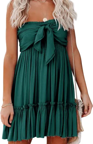 R.Vivimos Women's Summer Cotton Boho Beach Sleeveless Tie Front Mini Dress Tube Top Dress