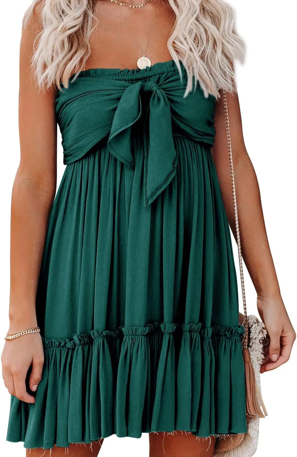R.Vivimos Women's Summer Cotton Boho Beach Sleeveless Tie Front Mini Dress Tube Top Dress