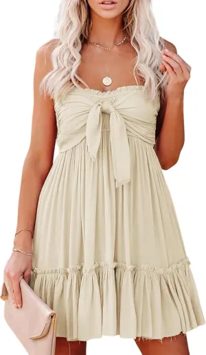 R.Vivimos Women's Summer Cotton Boho Beach Sleeveless Tie Front Mini Dress Tube Top Dress