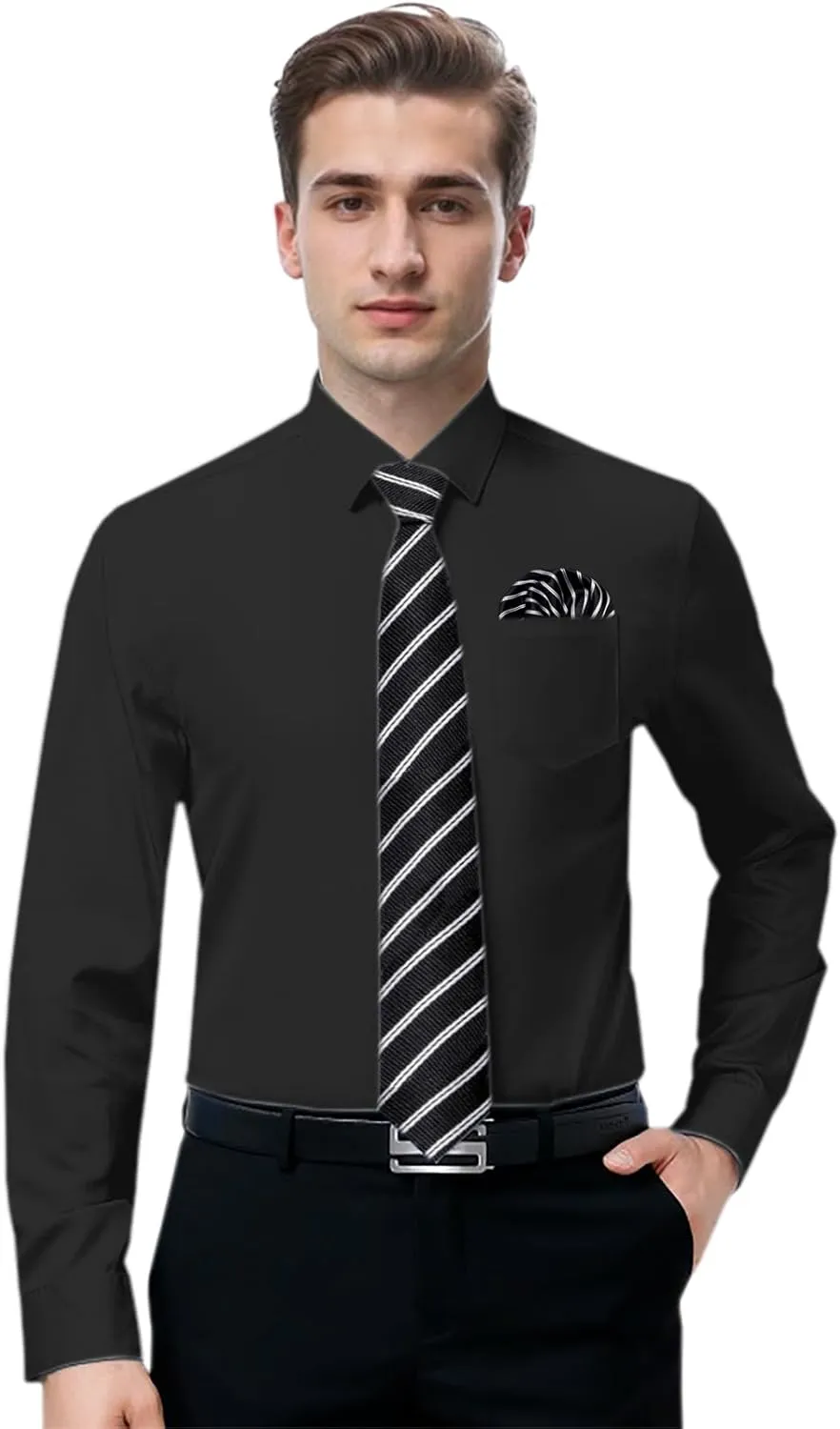 SANGTREE Mens Dress Shirt and Tie Set, Long Sleeve Button Down Shirt with Matching Tie and Handkerchief