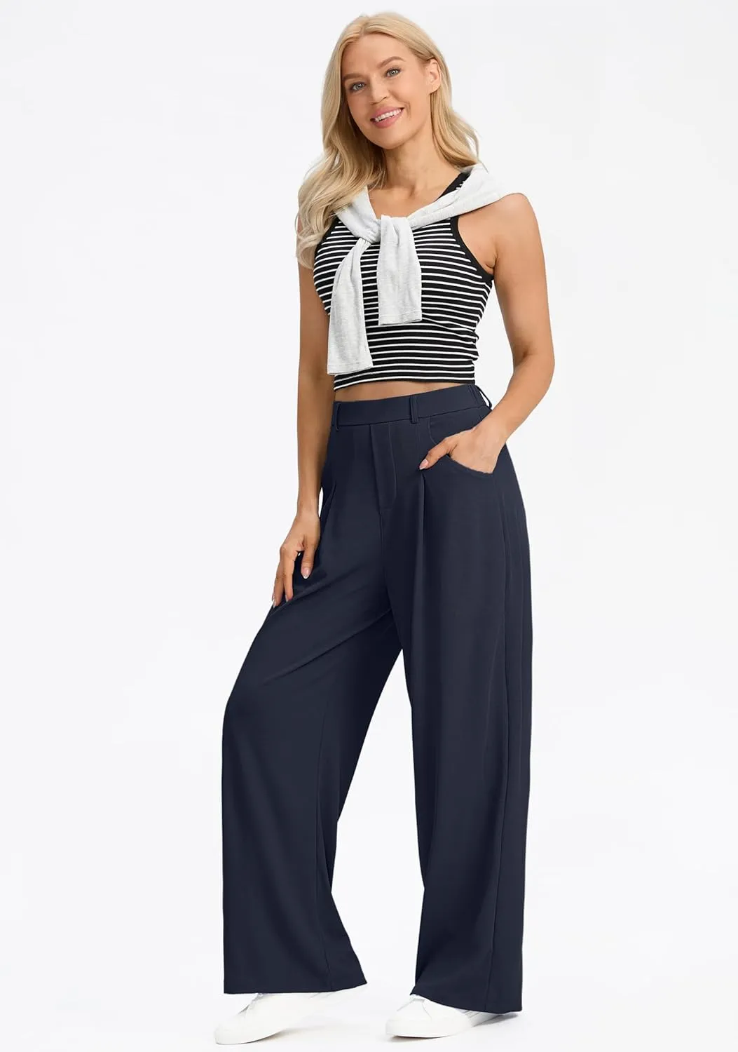 SANTINY Wide Leg Pants Woman Elastic High Waisted Waffle Knit Slacks Business Casual Work Pants Pleated Trousers with Pockets