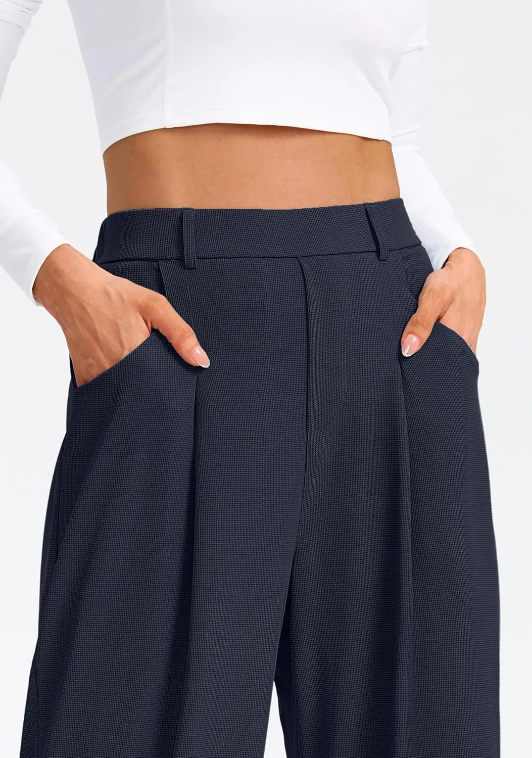 SANTINY Wide Leg Pants Woman Elastic High Waisted Waffle Knit Slacks Business Casual Work Pants Pleated Trousers with Pockets