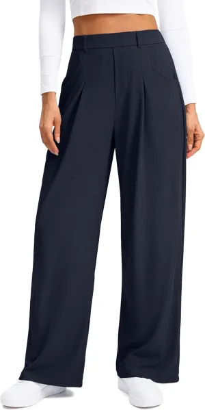 SANTINY Wide Leg Pants Woman Elastic High Waisted Waffle Knit Slacks Business Casual Work Pants Pleated Trousers with Pockets