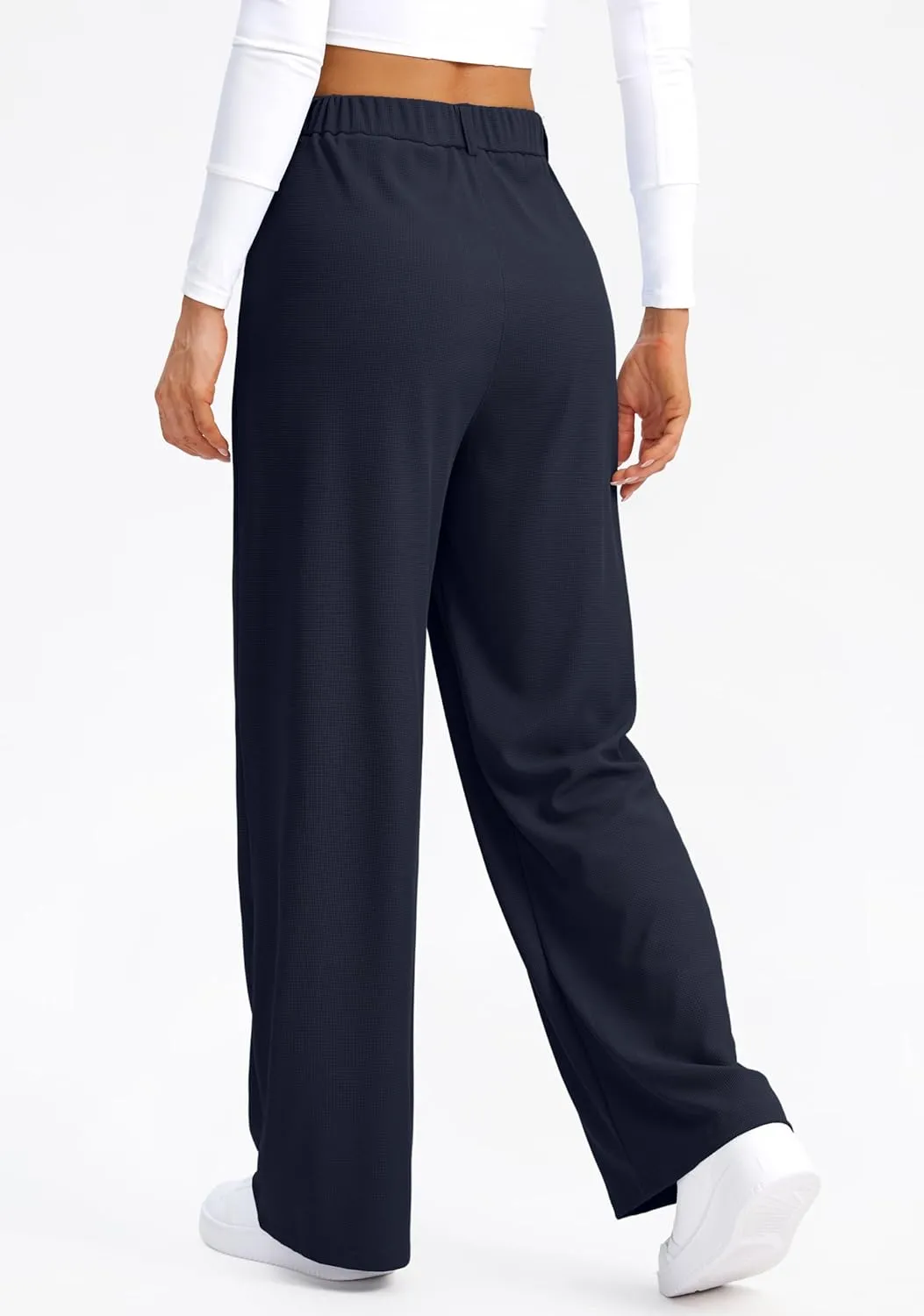 SANTINY Wide Leg Pants Woman Elastic High Waisted Waffle Knit Slacks Business Casual Work Pants Pleated Trousers with Pockets