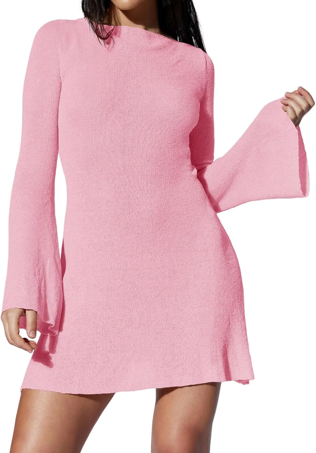 Saodimallsu Womens Swimsuit Coverup Backless Bell Long Sleeve A Line See Through Knit Summer Beach Mini Dress