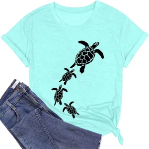Sea Turtle Graphic T-Shirt Women Vintage Animal Print Shirt Hawaiian Summer Beach Tee Casual Short Sleeve Vacation Top