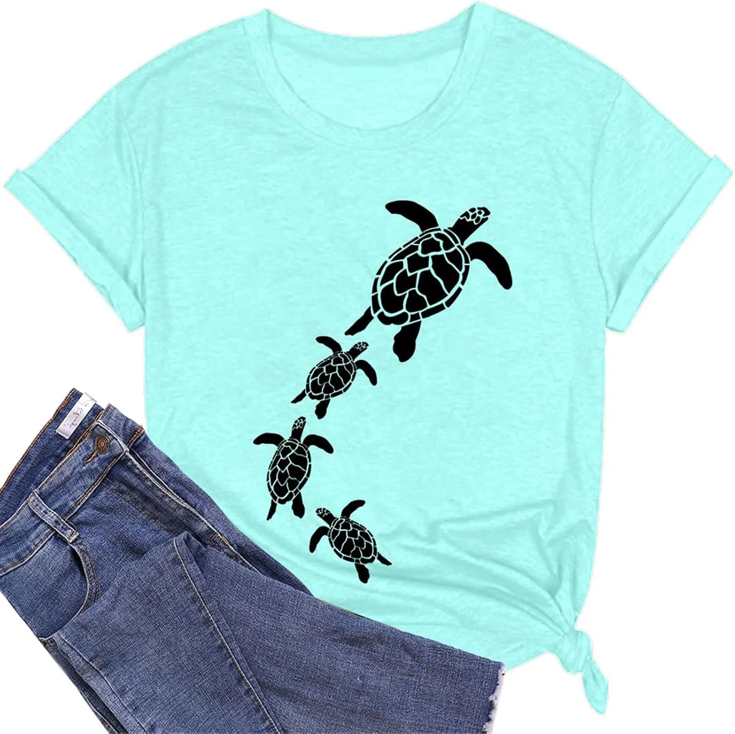 Sea Turtle Graphic T-Shirt Women Vintage Animal Print Shirt Hawaiian Summer Beach Tee Casual Short Sleeve Vacation Top