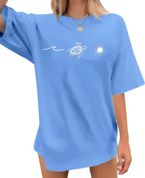 Sea Turtle Shirts Women: Oversized Hawaiian Shirt Beach Graphic T-Shirt Turtle Graphic Tee Casual Vacation Tops