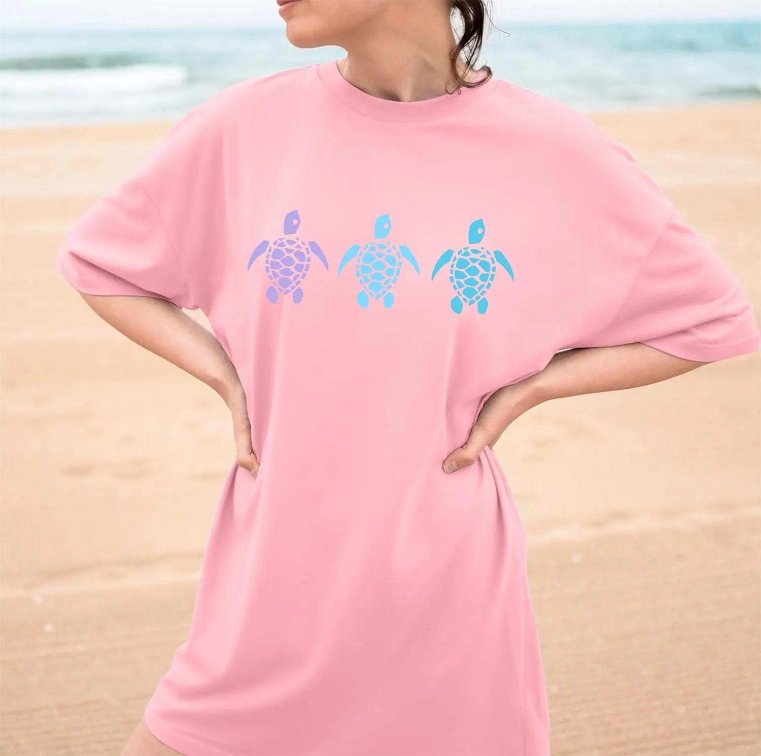 Sea Turtle Shirts Women: Oversized Hawaiian Shirt Beach Graphic T-Shirt Turtle Graphic Tee Casual Vacation Tops