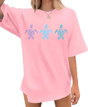 Sea Turtle Shirts Women: Oversized Hawaiian Shirt Beach Graphic T-Shirt Turtle Graphic Tee Casual Vacation Tops