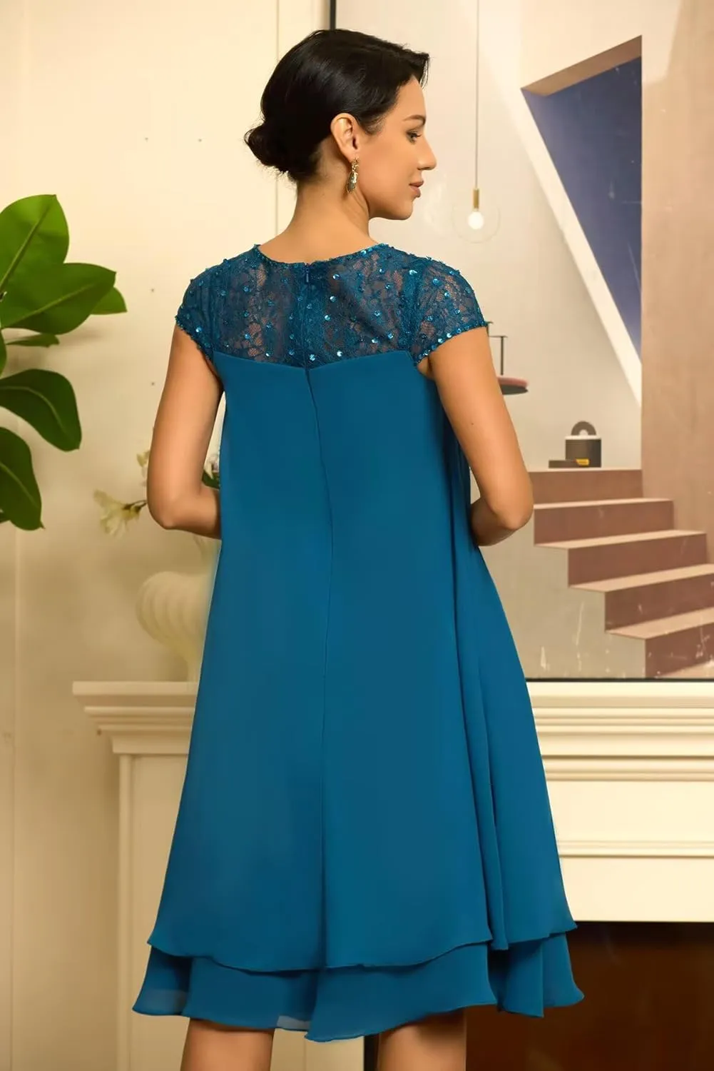 Sequins Chiffon Mother of The Bride Dress for Women Wedding Laces Cap Sleeve Evening Dress