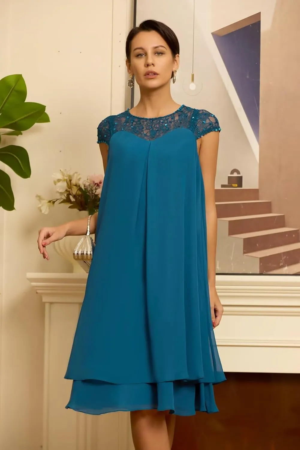 Sequins Chiffon Mother of The Bride Dress for Women Wedding Laces Cap Sleeve Evening Dress