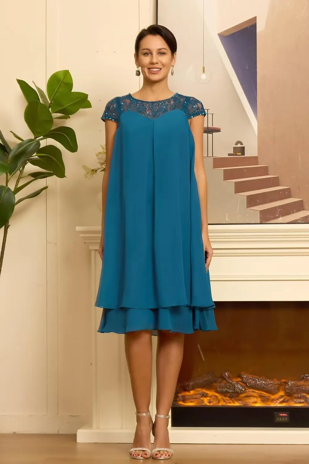 Sequins Chiffon Mother of The Bride Dress for Women Wedding Laces Cap Sleeve Evening Dress