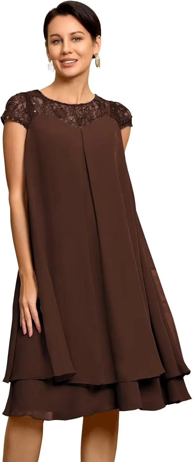 Sequins Chiffon Mother of The Bride Dress for Women Wedding Laces Cap Sleeve Evening Dress