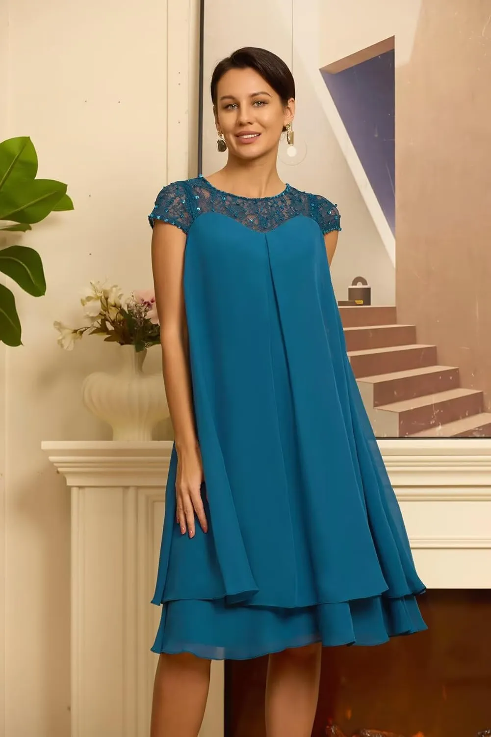 Sequins Chiffon Mother of The Bride Dress for Women Wedding Laces Cap Sleeve Evening Dress