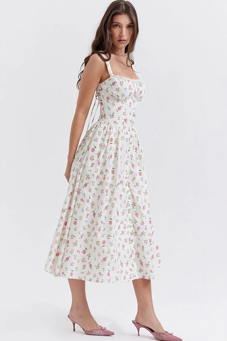 Sexy Lace Square Neck Lace Up Back Fit & Flare Midi Sundress - Floral
