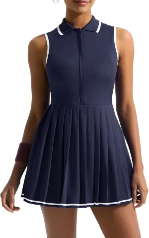 Sexyasasii Tennis Dress with Shorts and Bra Sleeveless Contrast Polo Half Zip Pleated Athletic Workout Golf Dresses