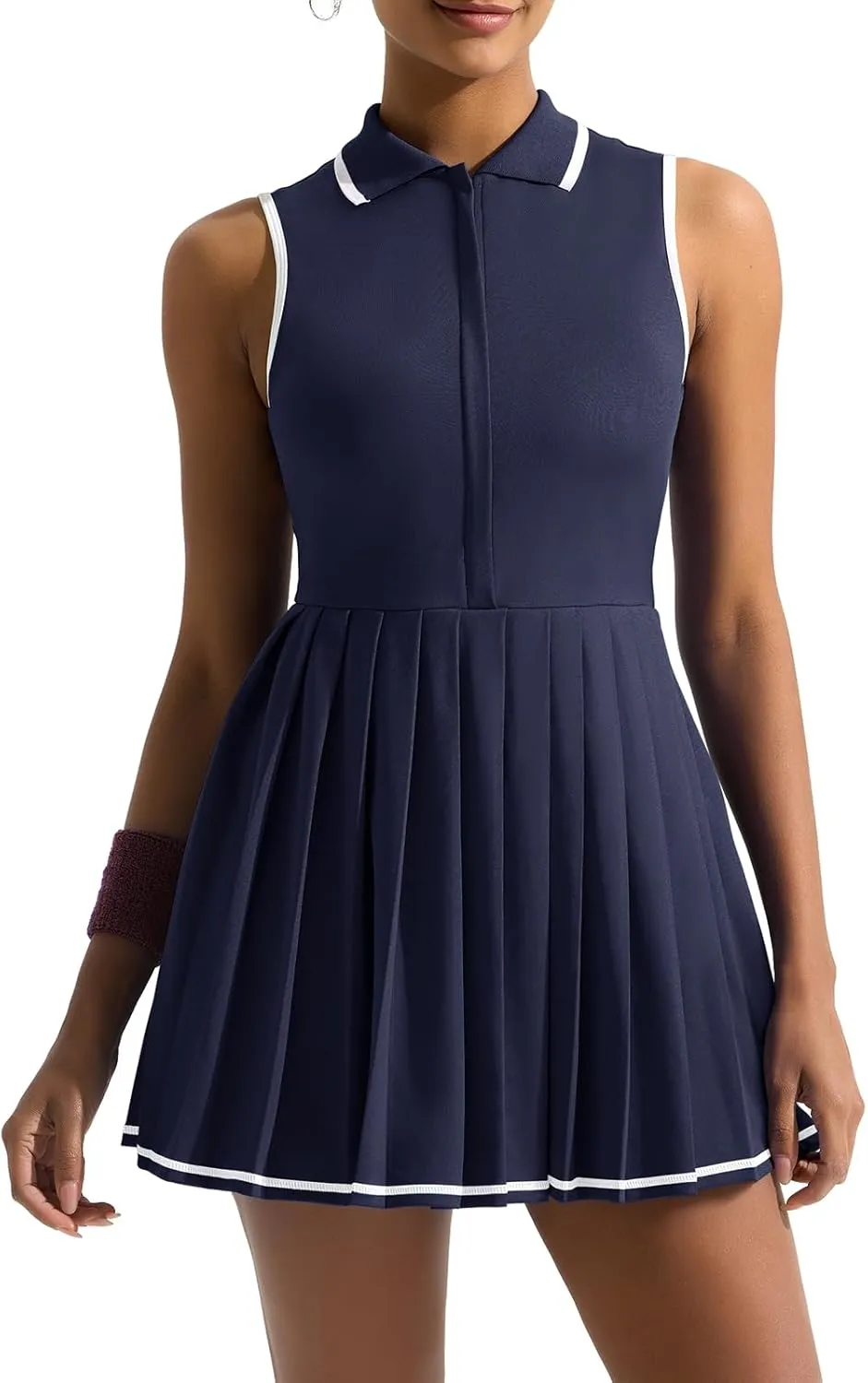Sexyasasii Tennis Dress with Shorts and Bra Sleeveless Contrast Polo Half Zip Pleated Athletic Workout Golf Dresses