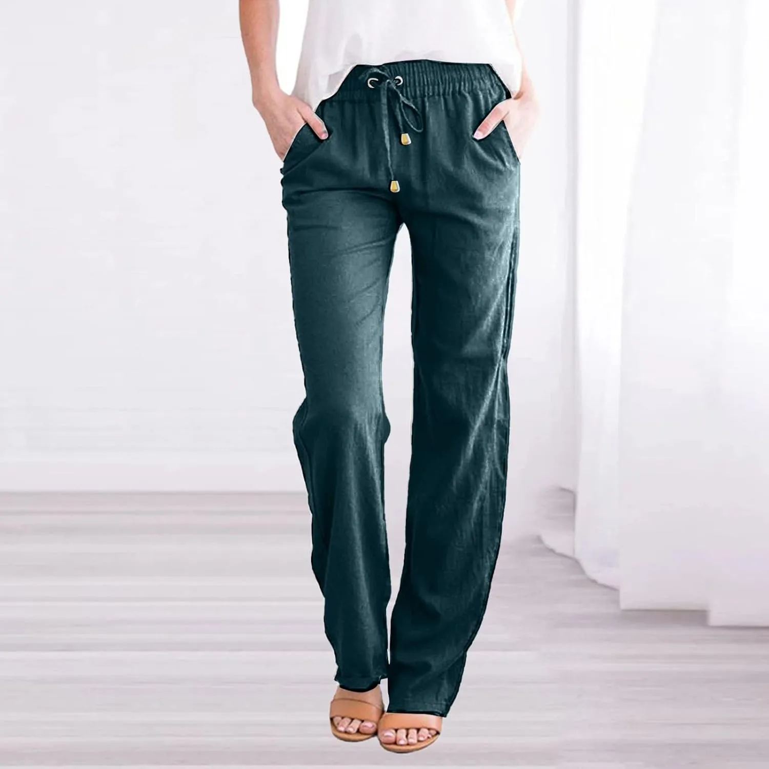 SHAOBGE Womens Casual Pants Straight Leg Drawstring Elastic High Waist Loose Comfy Trousers with Pockets Trendy Pants 2024