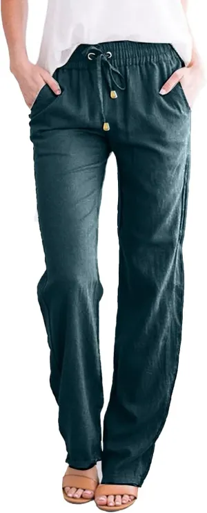 SHAOBGE Womens Casual Pants Straight Leg Drawstring Elastic High Waist Loose Comfy Trousers with Pockets Trendy Pants 2024