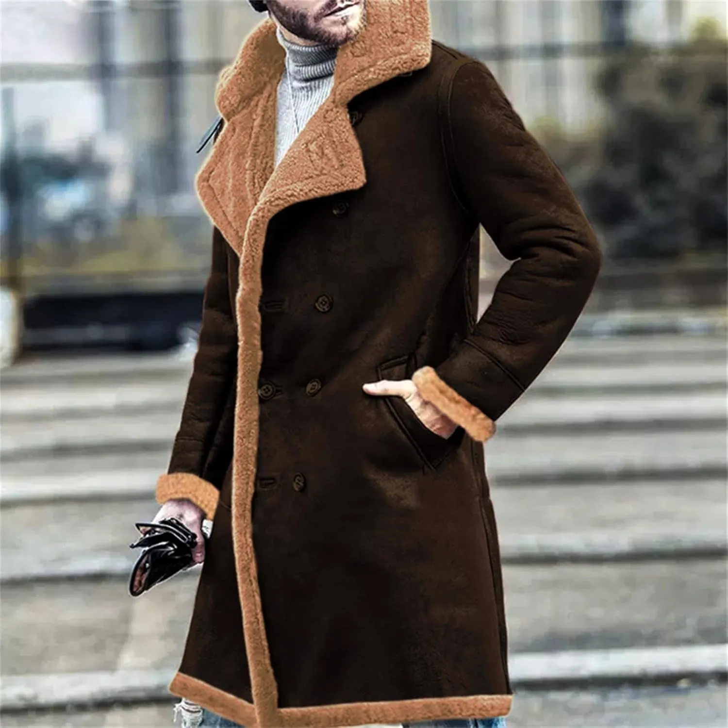 Shearling Leather Coat Men Faux Suede Sherpa Lined Sheepskin Jacket Aviator Bomber Warm Winter Jacket Long Trench Coats
