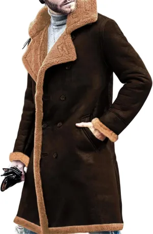 Shearling Leather Coat Men Faux Suede Sherpa Lined Sheepskin Jacket Aviator Bomber Warm Winter Jacket Long Trench Coats