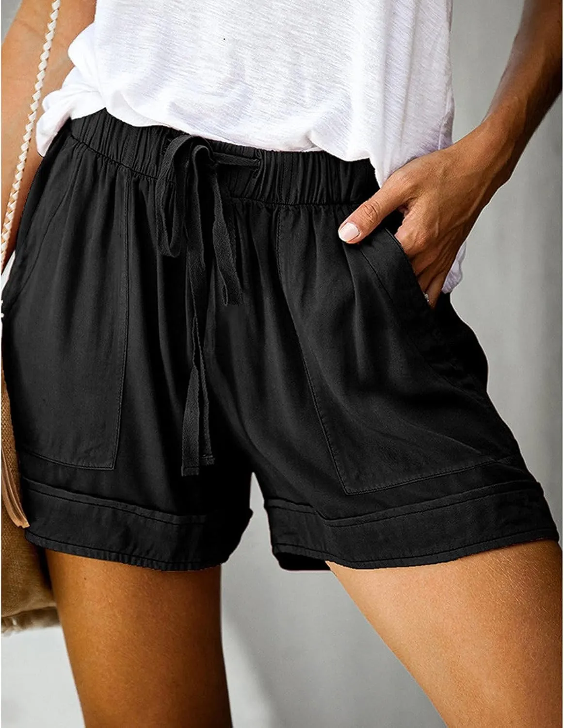 Short Pants Womens Summer Solid Color Causal Comfy Loose Fit Trousers with Pockets Drawstring Straight Leg Lounge Pants