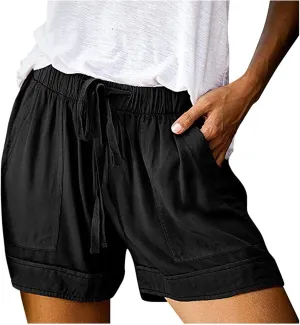 Short Pants Womens Summer Solid Color Causal Comfy Loose Fit Trousers with Pockets Drawstring Straight Leg Lounge Pants
