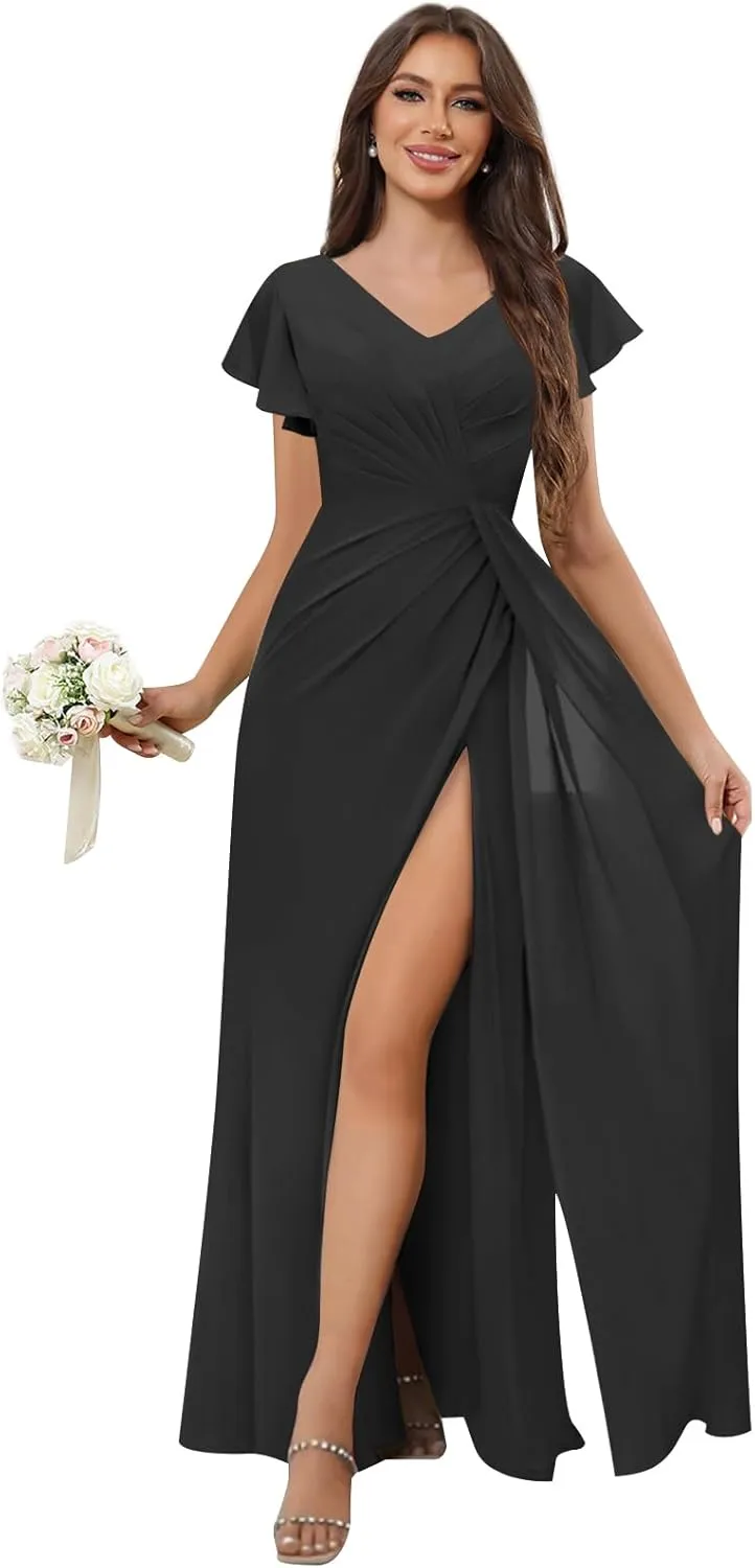 Short Sleeve Chiffon Bridesmaid Dresses for Women V-Neck Ruched Long Evening Formal Dress with Side Slit