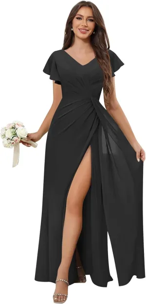 Short Sleeve Chiffon Bridesmaid Dresses for Women V-Neck Ruched Long Evening Formal Dress with Side Slit