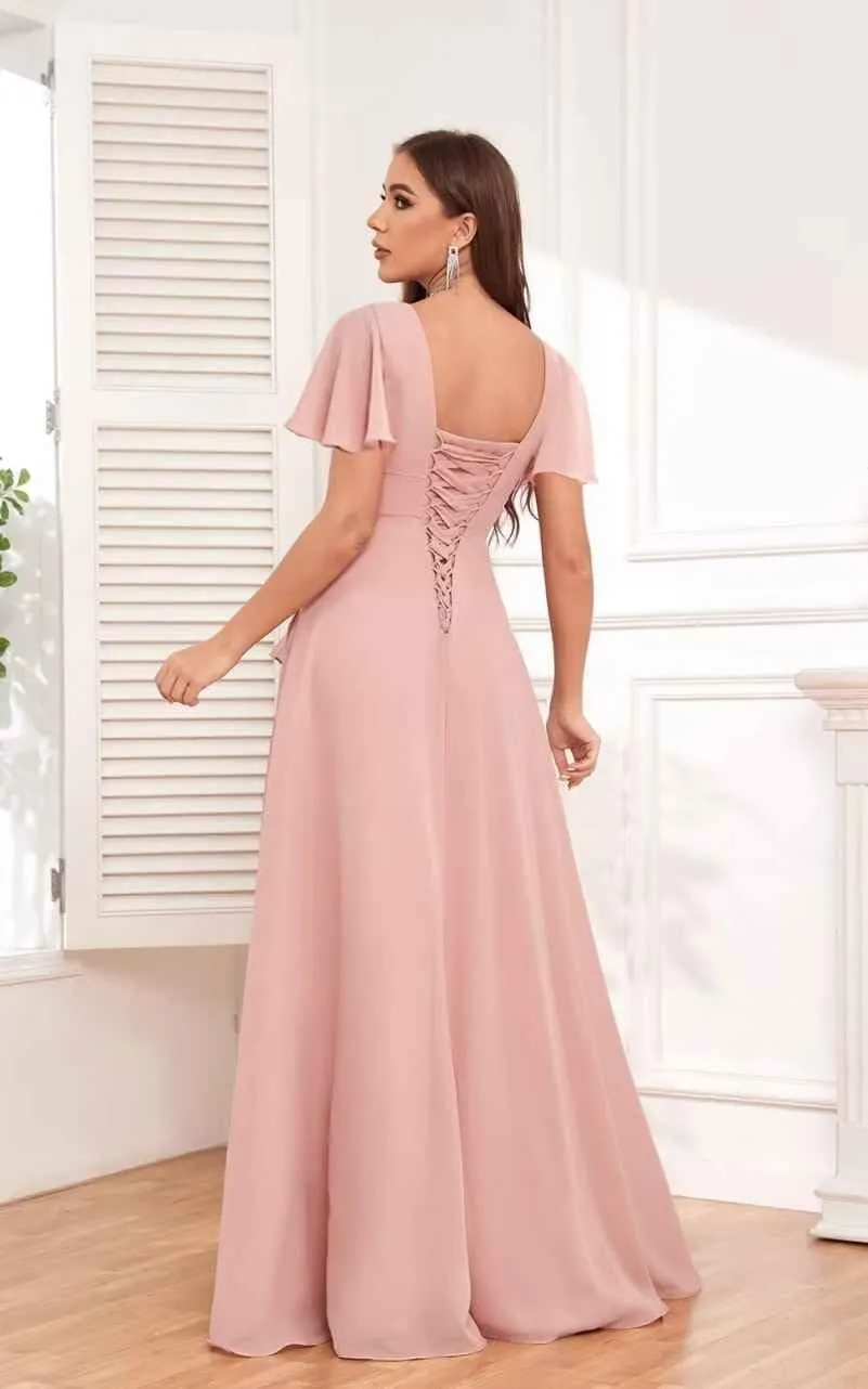 Short Sleeve Chiffon Bridesmaid Dresses for Women V-Neck Ruched Long Evening Formal Dress with Side Slit