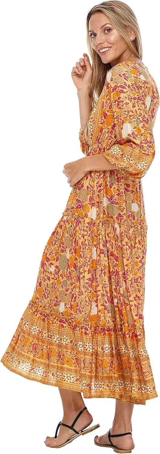 SHU-SHI Womens Floral Bohemian Sundress Casual Summer Dress Long Sleeve Button Up