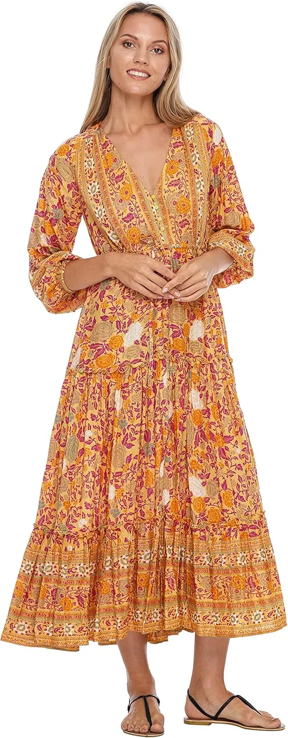 SHU-SHI Womens Floral Bohemian Sundress Casual Summer Dress Long Sleeve Button Up