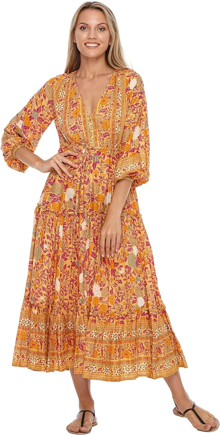 SHU-SHI Womens Floral Bohemian Sundress Casual Summer Dress Long Sleeve Button Up