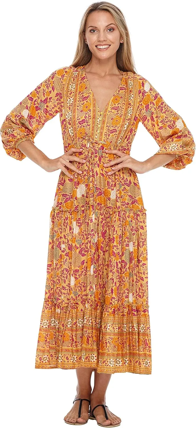 SHU-SHI Womens Floral Bohemian Sundress Casual Summer Dress Long Sleeve Button Up