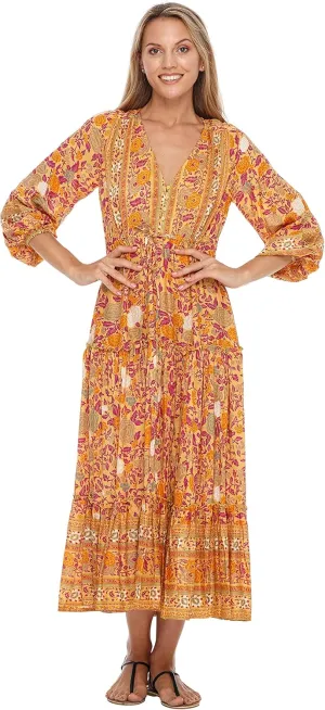 SHU-SHI Womens Floral Bohemian Sundress Casual Summer Dress Long Sleeve Button Up