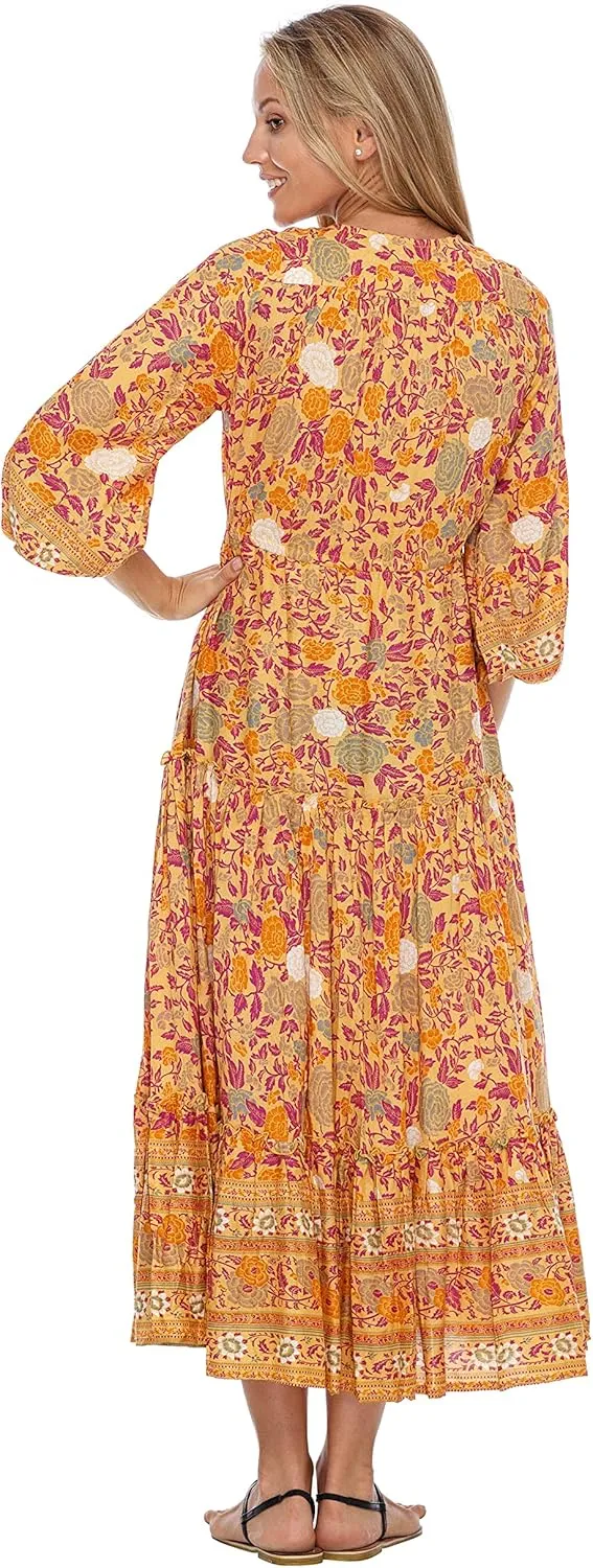 SHU-SHI Womens Floral Bohemian Sundress Casual Summer Dress Long Sleeve Button Up