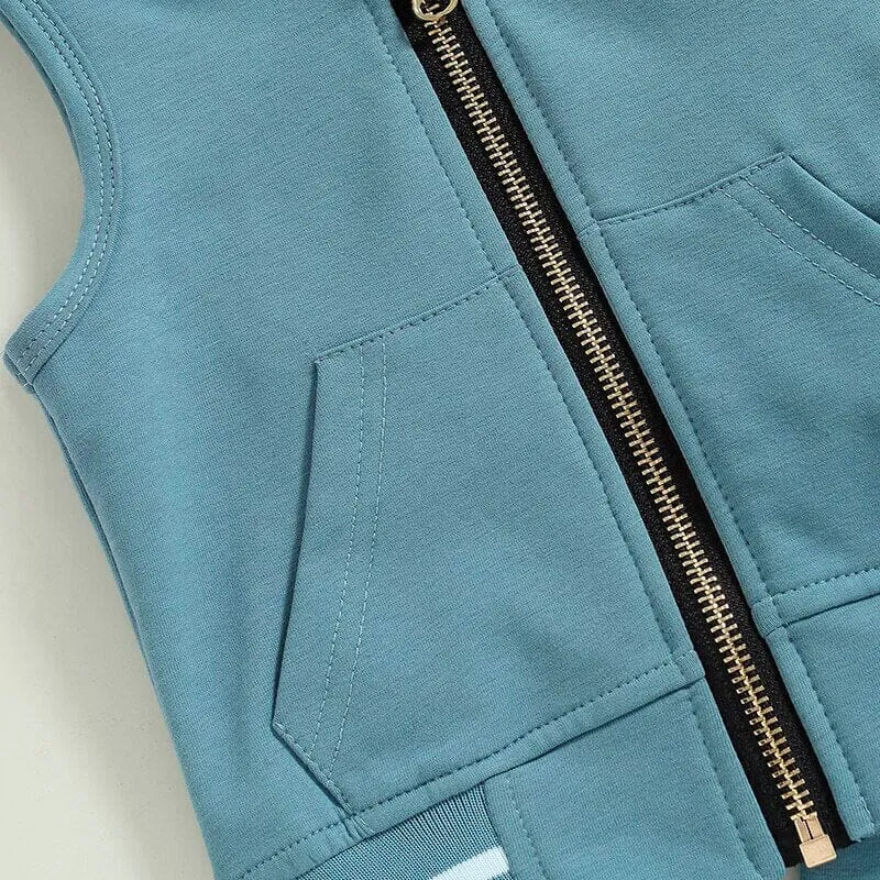 Sleeveless Blue Zipper Hooded Baby Set
