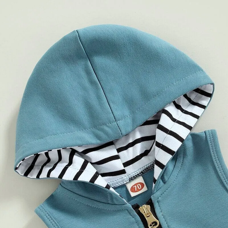 Sleeveless Blue Zipper Hooded Baby Set