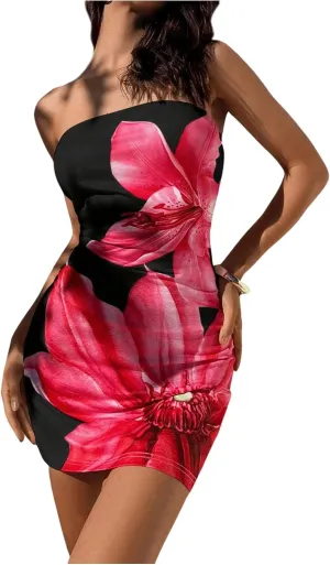 SOLY HUX Women's Floral Print Bodycon Mini Dress Strapless Bandeau Tube Dress Summer Party Dresses