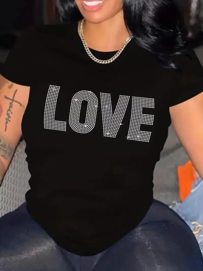 Sparkling Rhinestone T Shirt for Women Fashion Rhinestone Alphabets Graphic Short Sleeve Shirt Casual Tee Tops