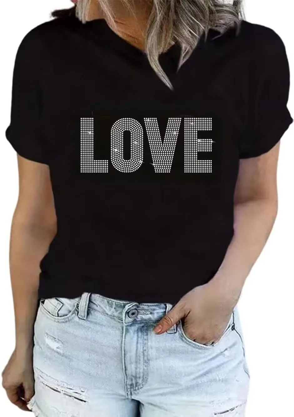 Sparkling Rhinestone T Shirt for Women Fashion Rhinestone Alphabets Graphic Short Sleeve Shirt Casual Tee Tops
