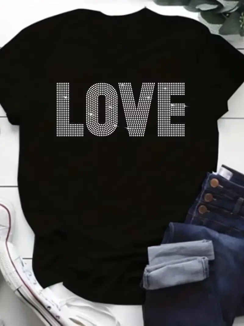 Sparkling Rhinestone T Shirt for Women Fashion Rhinestone Alphabets Graphic Short Sleeve Shirt Casual Tee Tops
