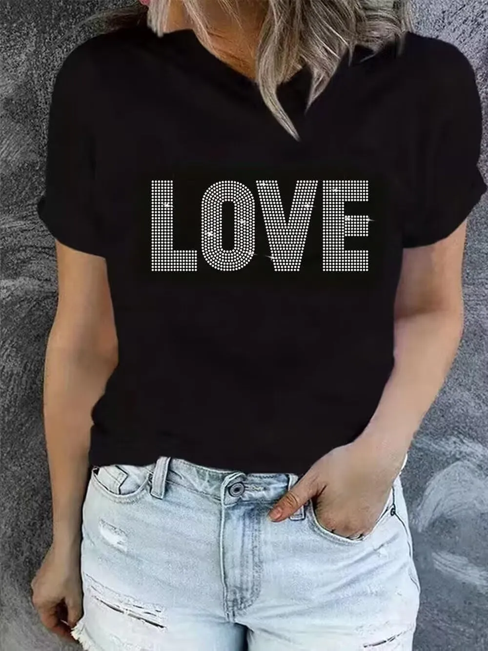 Sparkling Rhinestone T Shirt for Women Fashion Rhinestone Alphabets Graphic Short Sleeve Shirt Casual Tee Tops