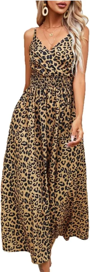 Spevert Womens Summer Maxi Dress Sleeveless Leopard Print Spaghetti Strap Casual V Neck Ruffle A Line Boho Beach Long Dress