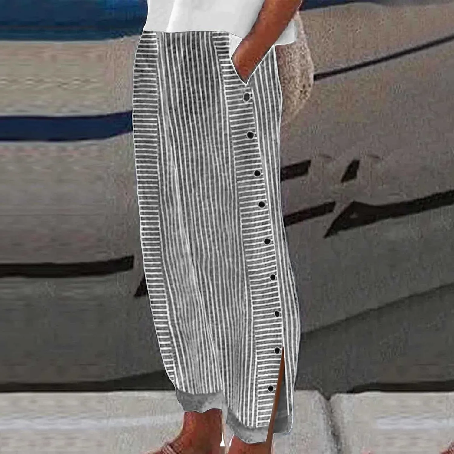 Striped Pants for Women Baggy Side Button Slit Elastic High Waisted Pants Wide Leg Loose Lounge Trouser with Pockets