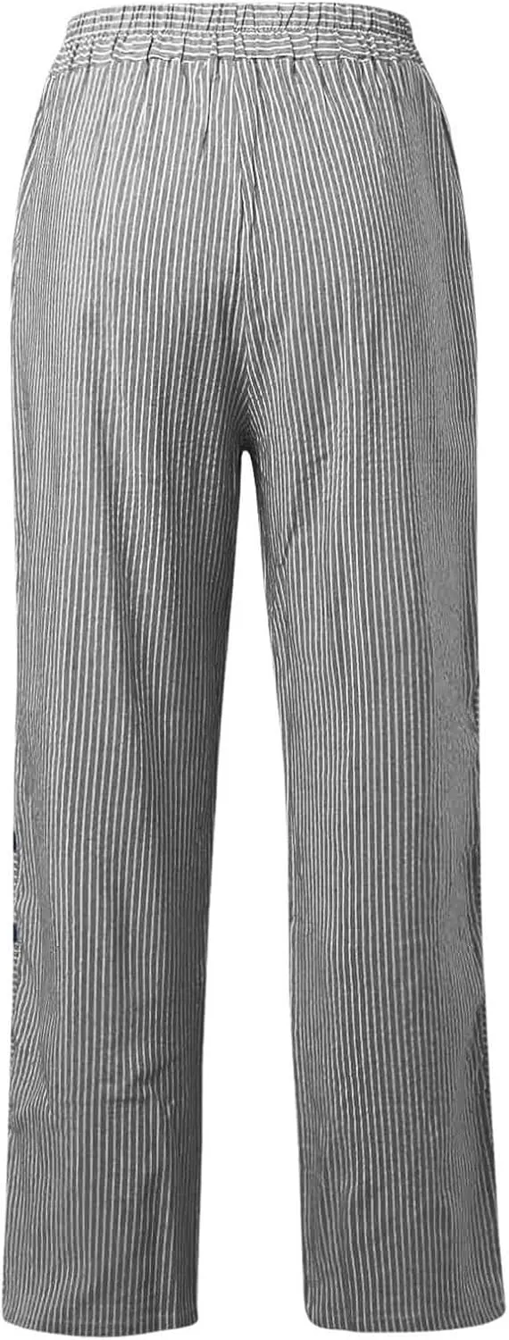 Striped Pants for Women Baggy Side Button Slit Elastic High Waisted Pants Wide Leg Loose Lounge Trouser with Pockets
