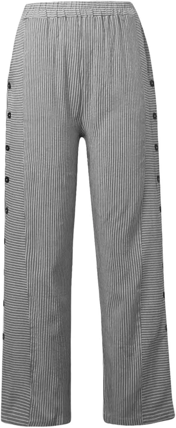 Striped Pants for Women Baggy Side Button Slit Elastic High Waisted Pants Wide Leg Loose Lounge Trouser with Pockets