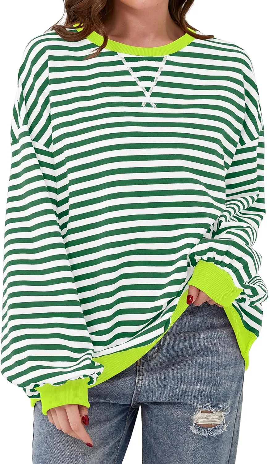 Striped Shirt Women Oversized Sweatshirt Color Block Long Sleeve Crew Neck Sweatshirt Loose Pullover Shirt Top