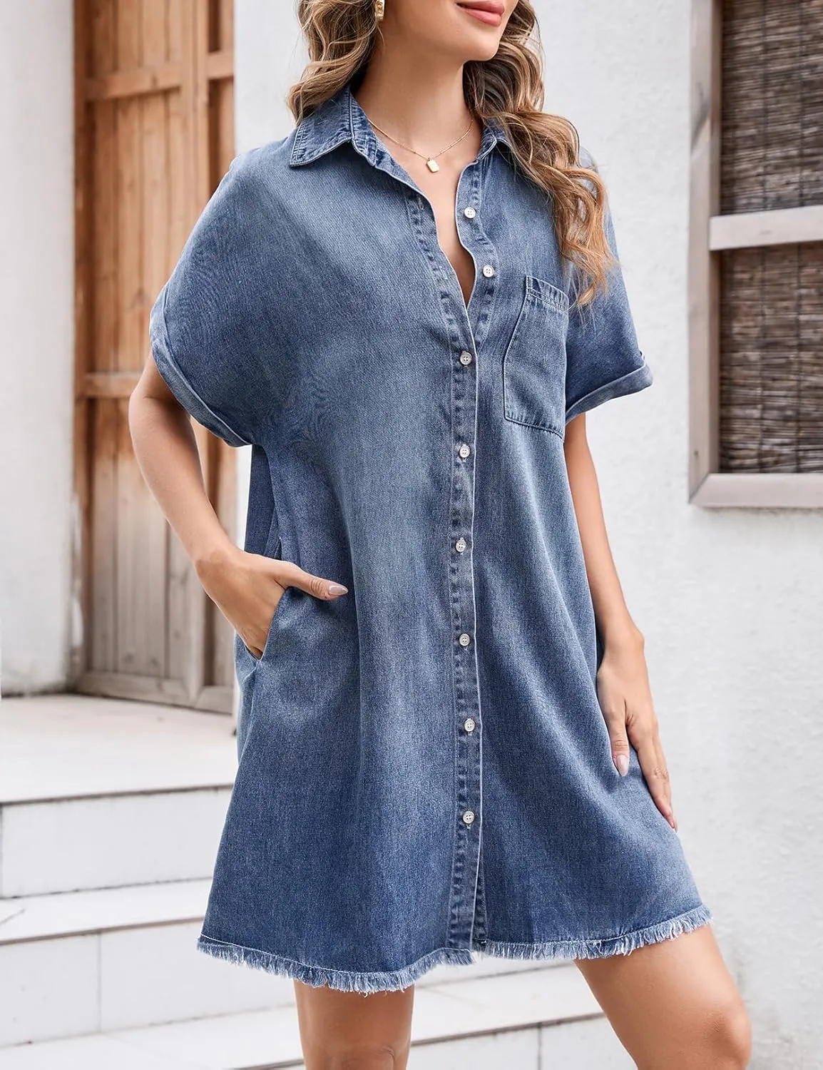 Summer Denim Dress for Women Short Sleeve Button Down Casual Western Jean Dresses